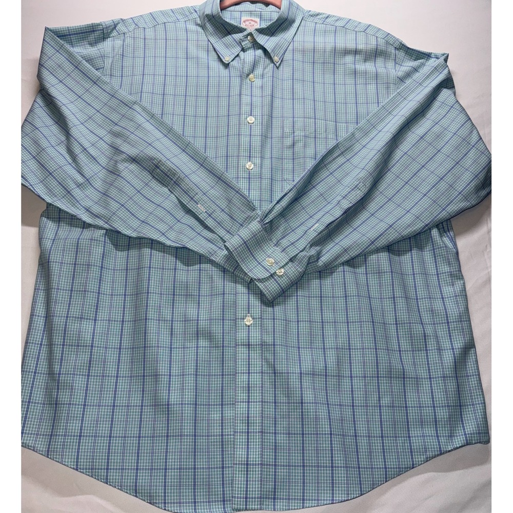 Brooks Brothers Button Down Shirt Men XL Blue Plaid No Iron Supima Cotton Preppy